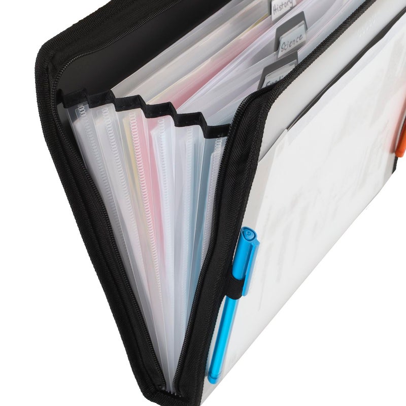 Five Star 7 Pocket Expanding File Organizer, Plastic Expandable File Folders with Customizable Tabs & Clear Cover, Holds 11" x 8-1/2", Zipper Closure, Black (72709) - Image 4